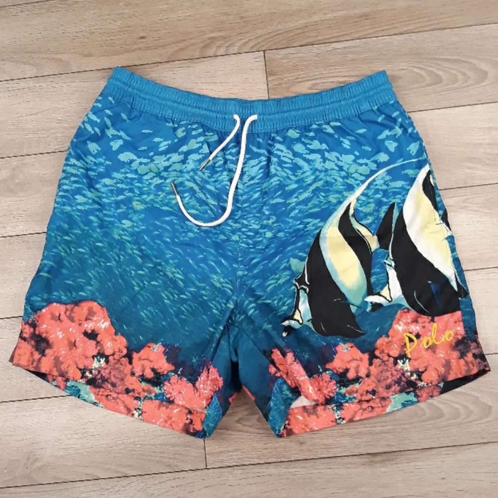 POLO RALPH LAUREN Recent‎ Blue Yellow Fish Corral Sz Large Mens Swim Trunks
